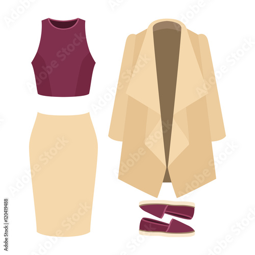 Set of trendy women's clothes with skirt, coat, top and accessories