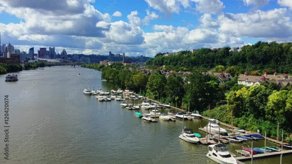 A summer daytime establishing shot of the Pittsburgh skyline and the Allegheny River. A summer daytime establishing shot of the Pittsburgh skyline and the Allegheny River.