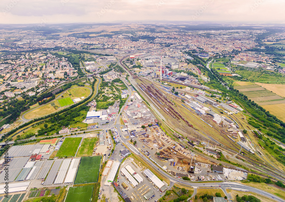 Aerial view to industrial zone and technology park. Suburb of Pilsen city in Czech Republic, Europe. 