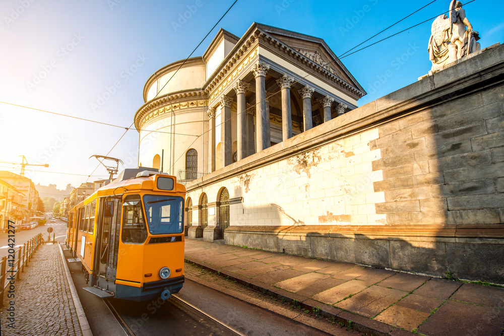 Turin cityscape view on Gran Madre square with church and old yellow tram in the morning - obrazy, fototapety, plakaty 
