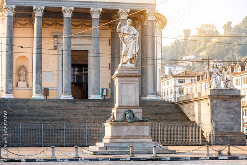 Gran Madre church with Vittorio Emanuele statue in Turin city in Piedmont region in Italy