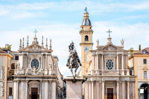 Two similar churches on San Carlo square in the old city center of Turin city in Italy
