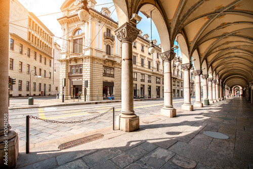 Obraz na płótnie Central street with beautiful buildings in Turin city in Piedmont region in Ital