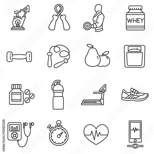 fitness linear icons set. training apparatus, fitness machine, sports nutrition collection