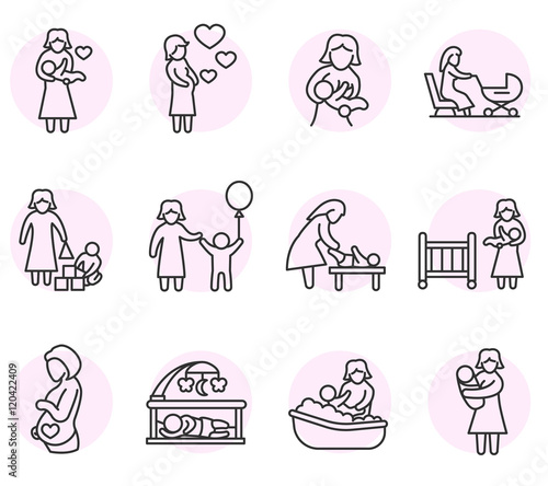 motherhood icons set. maternity, child care collection. Thin line design