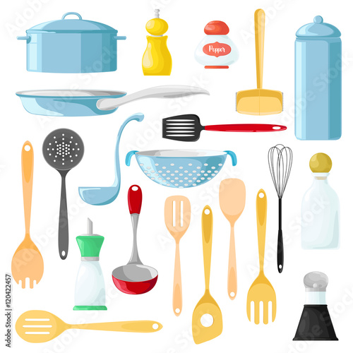 Set of different utensils for cooking. Wooden spoon. Tableware for seasonings. Pepper. Vector illustration.