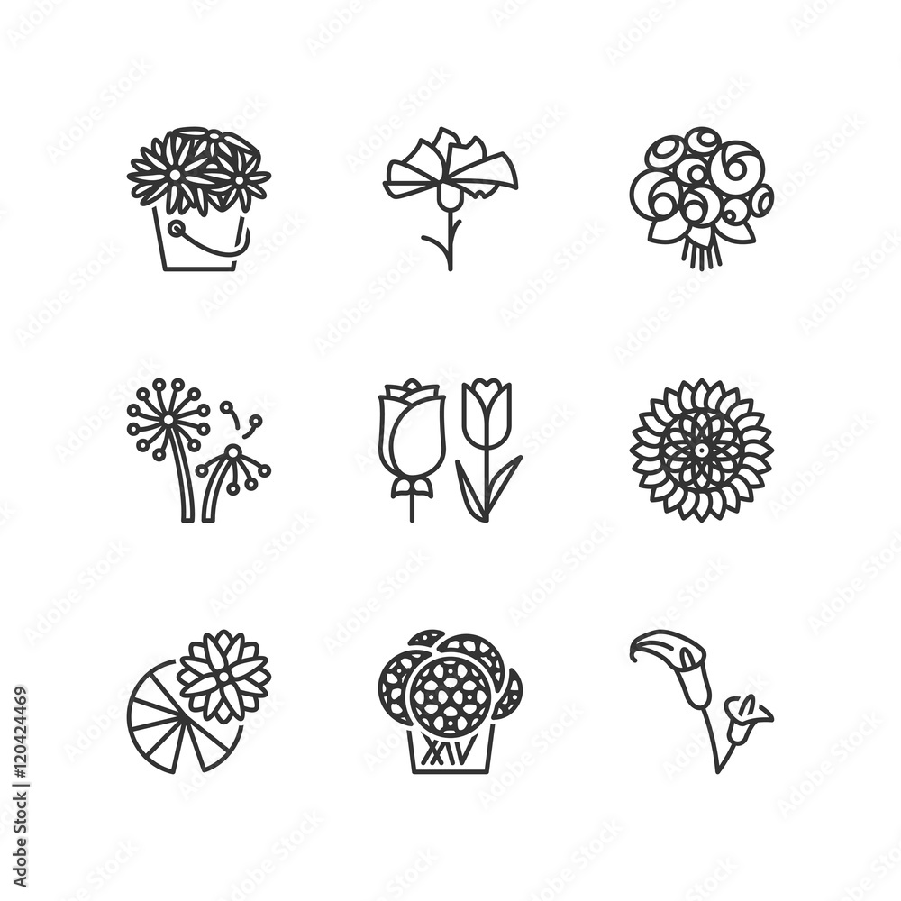 Line icons. Flowers. Flat symbols