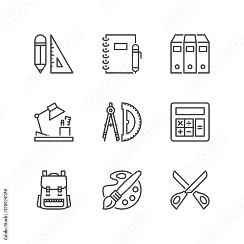 Line icons. School supplies. Flat symbols
