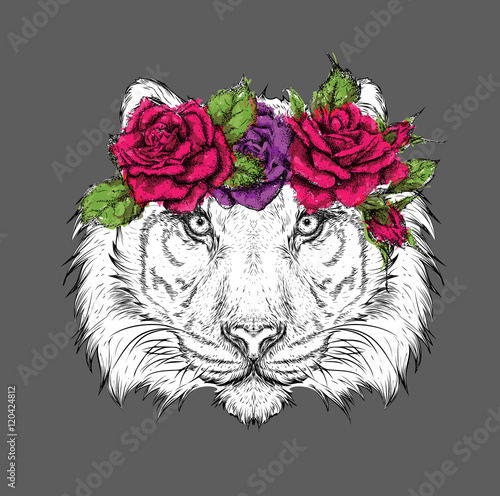 Hand draw portrait of tiger wearing a wreath of flowers. Vector illustration