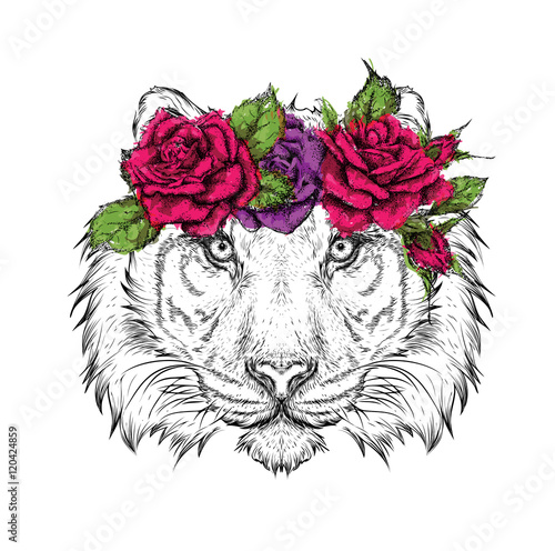 Hand draw portrait of tiger wearing a wreath of flowers. Vector illustration