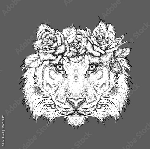 Hand draw portrait of tiger wearing a wreath of flowers. Vector illustration