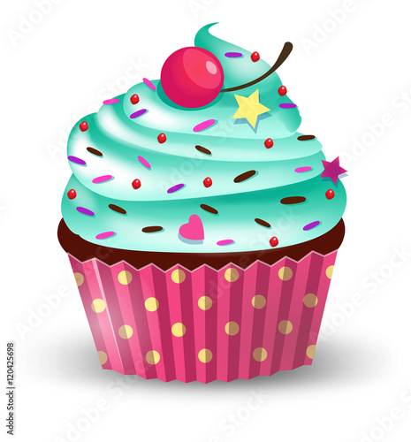 Handmade cute cartoon cupcake with cherry. Vector illustration, clip-art, isolated on white background
