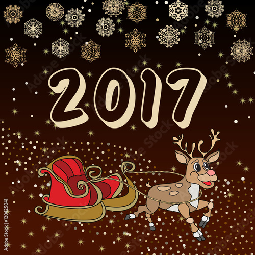 Creative hand drawn doodle style illustration of Cute reindeer and sleigh   for Merry Christmas and Happy New Year celebration