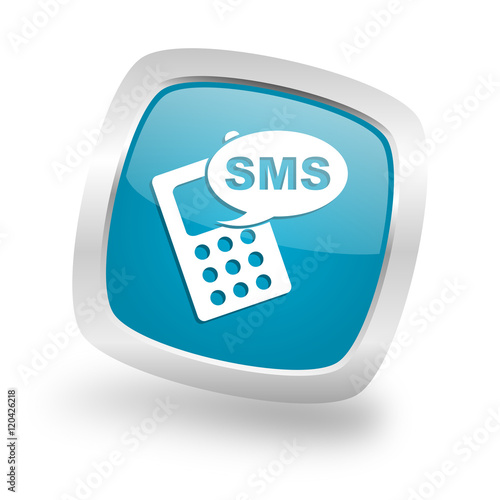 sms square blue glossy chrome silver metallic web icon