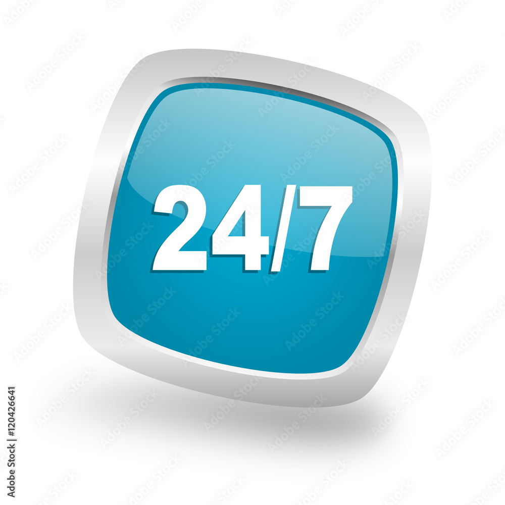24/7 square blue glossy chrome silver metallic web icon 24/7 square blue glossy chrome silver metallic web icon