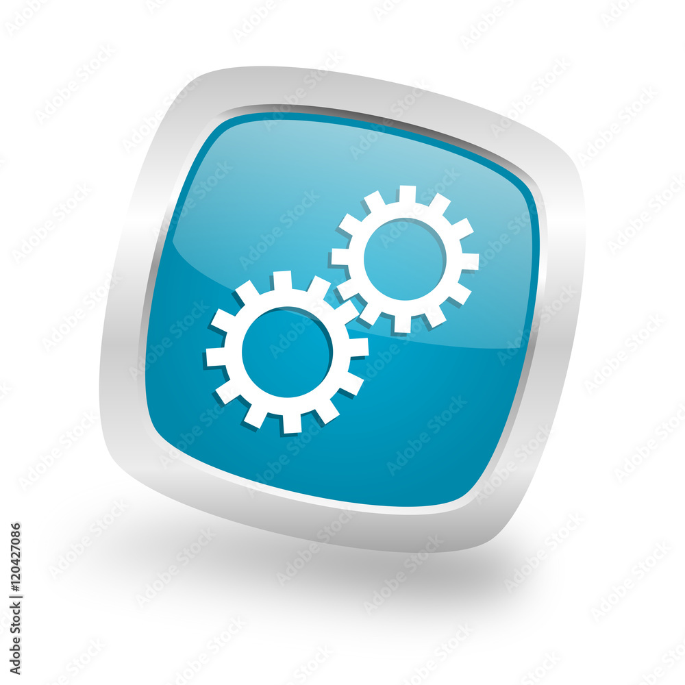gear square blue glossy chrome silver metallic web icon gear square blue glossy chrome silver metallic web icon