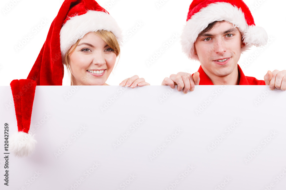 Couple with blank empty banner board. Christmas Couple with blank empty banner board. Christmas