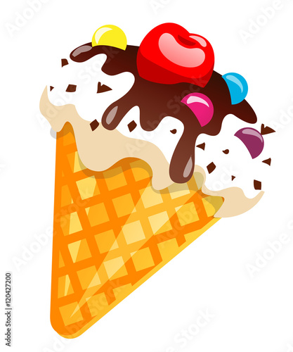 Ice cream cone with chocolate and cherry. Vector illustration, clip-art, isolated on white background