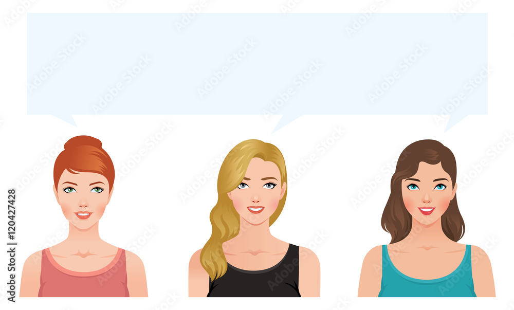Stock vector illustration of three young women blonde brunette a Stock vector illustration of three young women blonde brunette a