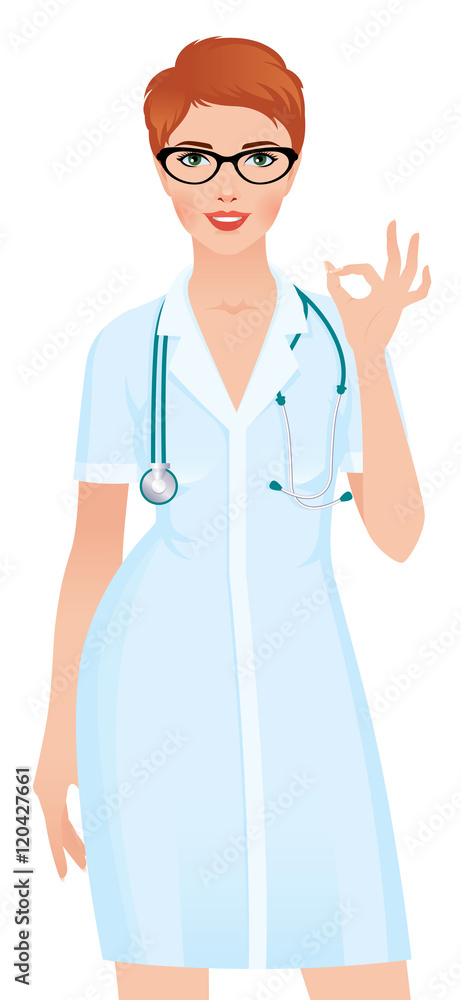 Woman doctor in a medical lab coat showing sign ok Stock vector Woman doctor in a medical lab coat showing sign ok Stock vector