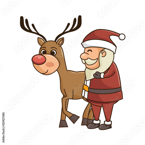 santa claus cartoon with brown deer with red nose. christmas season symbol. vector illustration