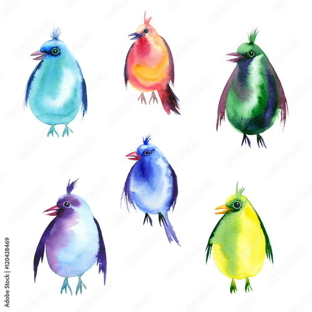 Naklejka premium Watercolor painting. A set of brightly colored little birds on white background.