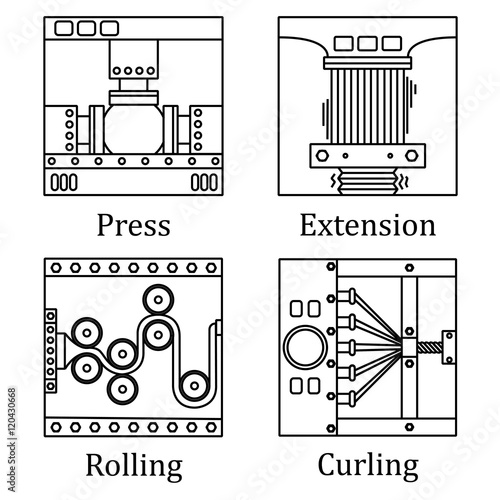 a set of four images of technological processes: pressing, twist