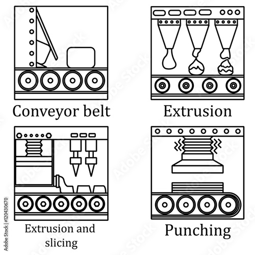 a set of four images of food production machines