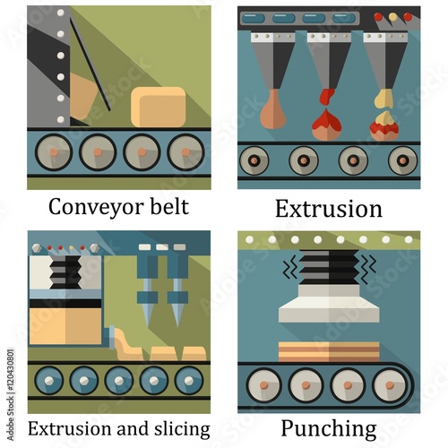 a set of four images of food production machines