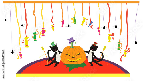 Concert of cats with pumpkin in hat sing in karaoke and have fun with candies on stage for Halloween night