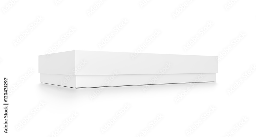 White thin horizontal rectangle blank box with cover from side closeup angle.