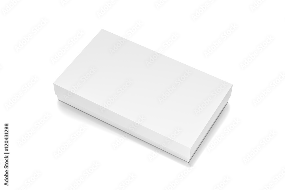 White thin horizontal rectangle blank box with cover from top side closeup angle. White thin horizontal rectangle blank box with cover from top side closeup angle.
