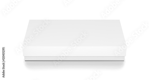 White thin horizontal rectangle blank box with cover from top front closeup angle.