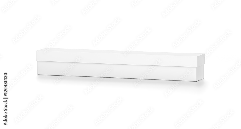 White long wide horizontal rectangle blank box with cover from top front far side angle. White long wide horizontal rectangle blank box with cover from top front far side angle.