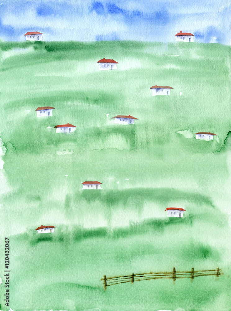 Fototapeta premium Watercolor painting. Landscape background with green fields and white houses.