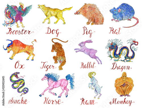 Canvas-taulu Design watercolor set with twelve chinese zodiac animals