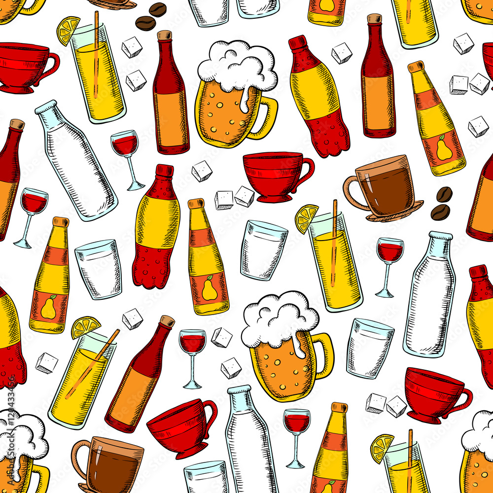 Seamless drinks and beverages pattern background
