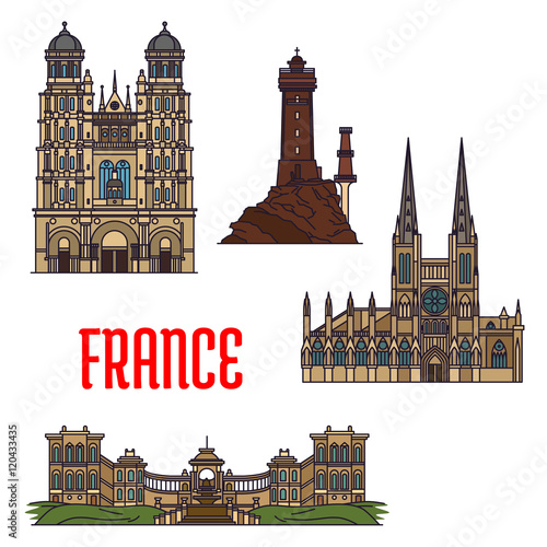 French travel landmarks icon, thin line style