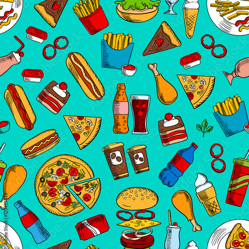 Fast food snacks, drinks, dessert seamless pattern