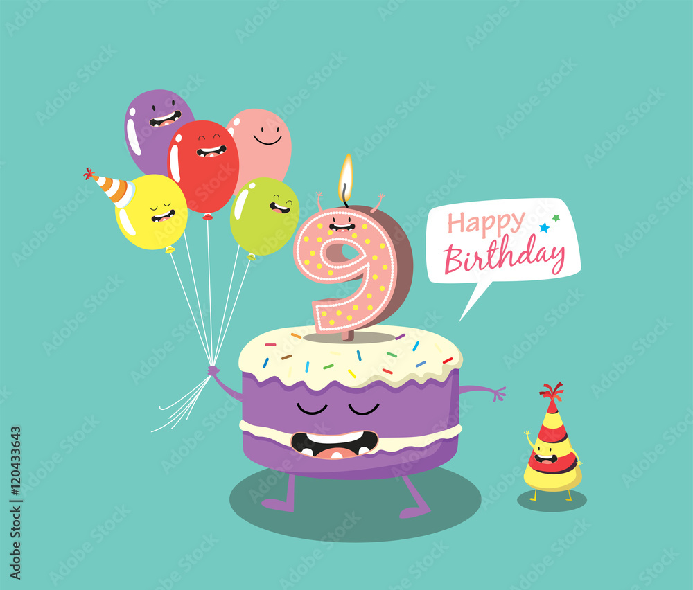 Happy birthday card. Funny cake, number candle and balloon. Vector ...