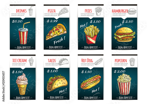 Fast food menu price posters with description