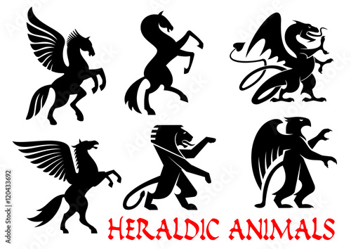 Heraldic mythical animals silhouette emblems