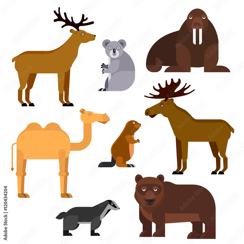 Wild animals flat cartoon isolated icons