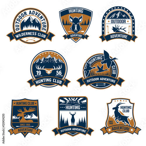 Hunting club icons. Outdoor adventure emblems