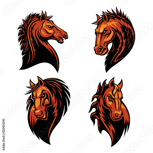 Furious horse head heraldic icons set