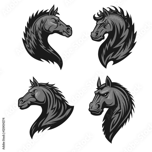 Raging stallion head heraldic icons set