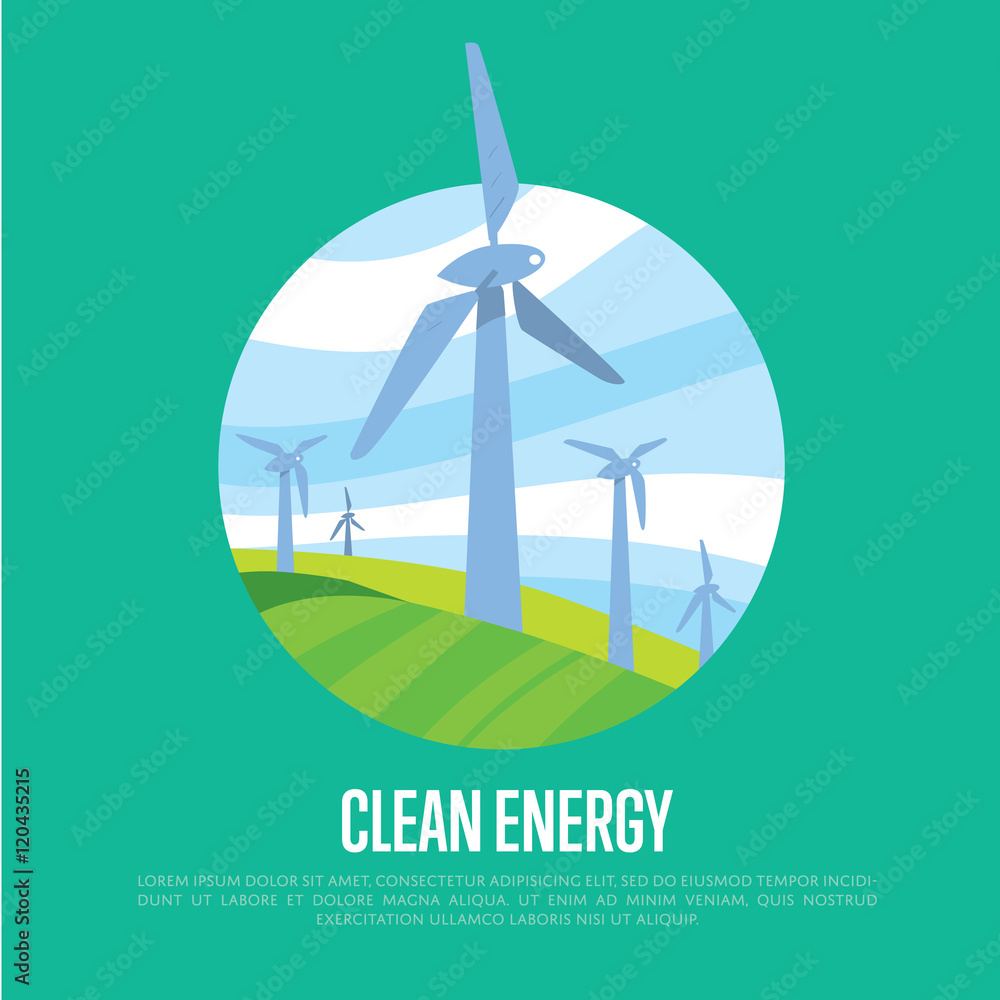 Clean energy vector illustration. Wind turbines in green field on background of blue wavy sky. Windfarm poster. Ecological types of electricity. Eco generation. Renewable resources concept. Clean energy vector illustration. Wind turbines in green field on background of blue wavy sky. Windfarm poster. Ecological types of electricity. Eco generation. Renewable resources concept.