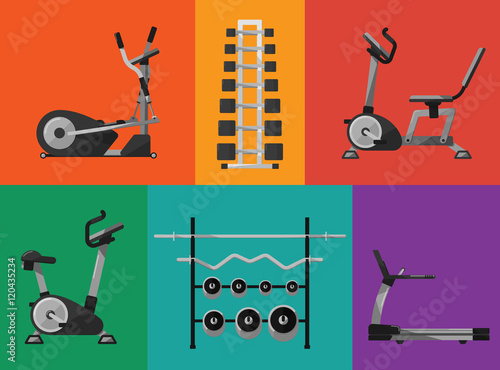 Vector illustration of gym sports equipment icons set. Treadmill, elliptical cross trainer, exercise bikes, stands with dumbbells and barbells on color background. Sport lifestyle. Bodybuilding signs