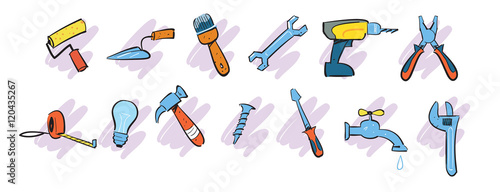 Home repair instrument icons isolated on white background. Roller, trowel, brush, wrench, drill, pliers, tape measure and other repairs sign. Vector illustration.