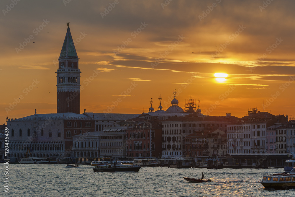 Sunset over skyline of historical city Venice, Italy